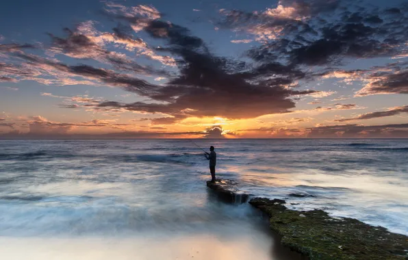 Sea, sunset, fisherman