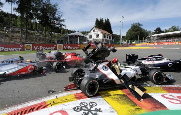 McLaren, Crash, Lotus, Crash, Ferrari, Belgium, Formula 1, Williams