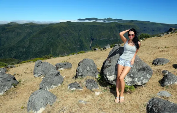 Picture the sky, mountains, pose, stones, Girl, brunette, legs