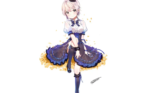 Skirt, crown, girl, white background, blouse, corset, knee, bow