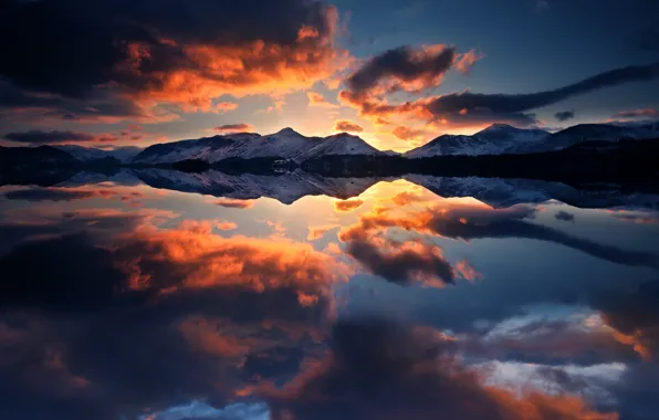 The sky, clouds, reflection, mountains, lake