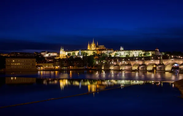 Night, lights, river, Prague, Czech Republic, Vltava, Prague Castle, St. Vitus Cathedral