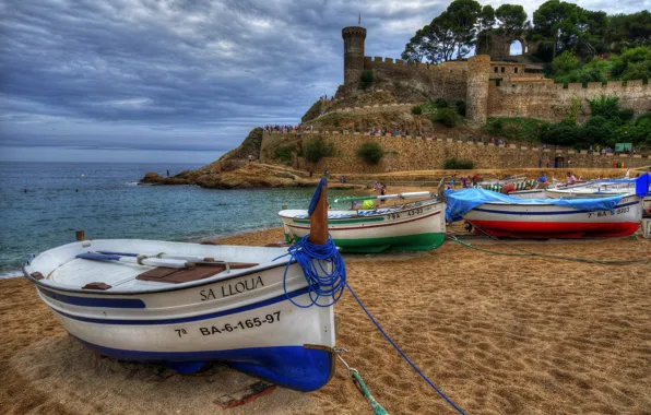 Sand, sea, beach, coast, boats, fortress, Spain, Spain