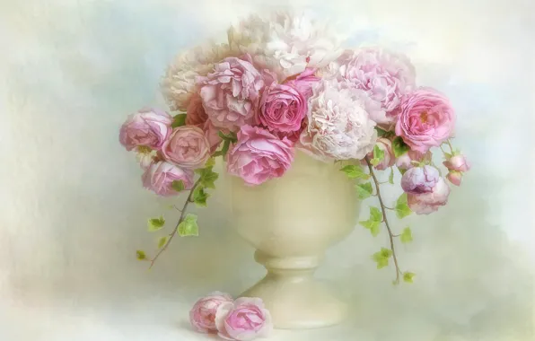 White, leaves, flowers, background, bouquet, art, vase, pink