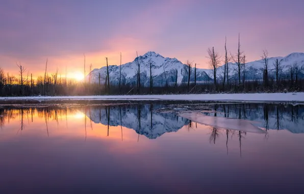 Picture mountains, lake, morning