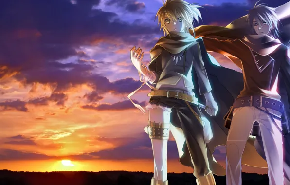 The sky, the sun, sunset, weapons, guys, vocaloid, Vocaloid, Kaito