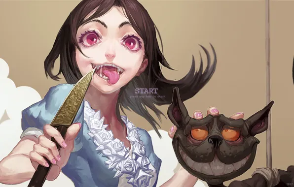 Cat, art, mouth, knife, Alice, alice in wonderland, drool, crazy