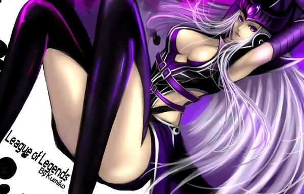 Picture chest, look, girl, the inscription, legs, art, League of legends, Syndra