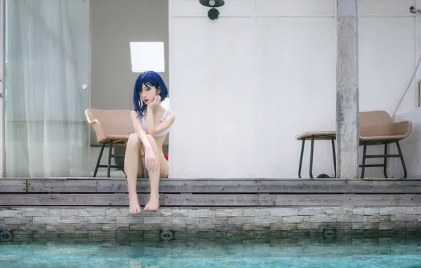 Beautiful, Asian, Model, Water, Woman, Pool, Pretty, Sitting