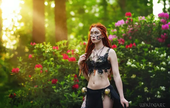 Picture look, girl, nature, pose, style, skirt, makeup, costume