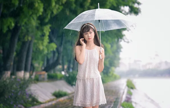 Girl, drops, face, umbrella, rain, walk, East