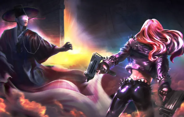 Girl, weapons, MAG, guy, two