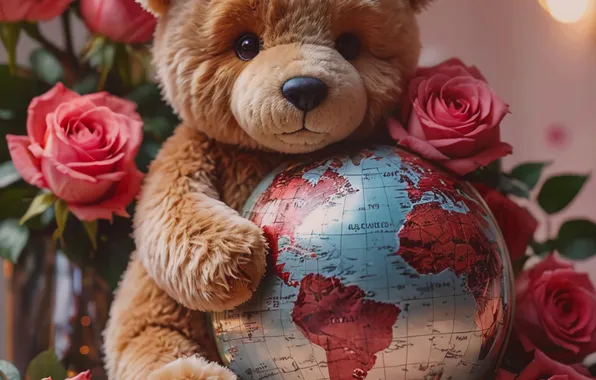 Flowers, lights, toy, roses, bouquet, Earth, bear, red