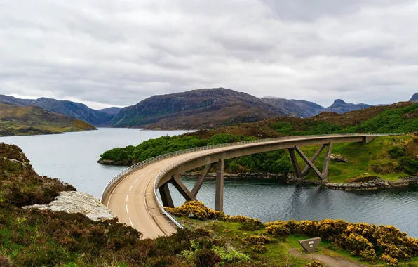 Road, the sky, clouds, mountains, bridge, nature, river, hills