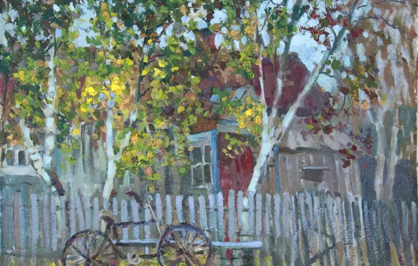 Trees, bike, house, the fence, graphics, spring, shop, Painting