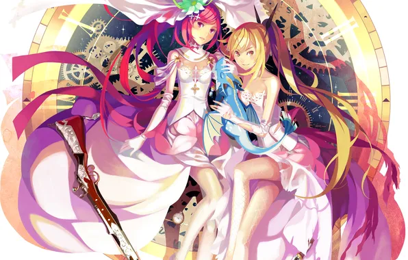 Picture flower, weapons, girls, dragon, mechanism, sword, art, veil