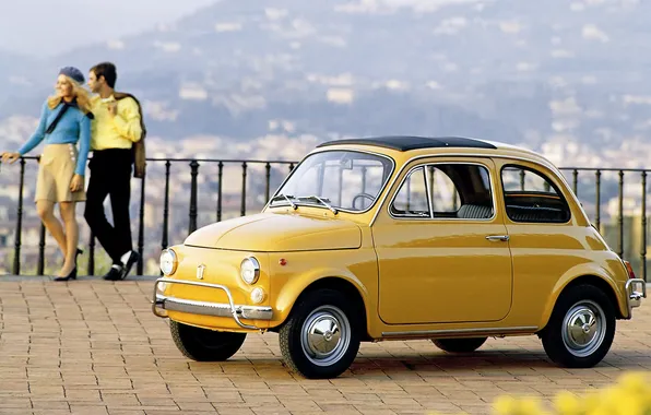 Girl, mountains, yellow, fiat, guy, 500, classics, 1972