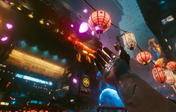 Night, Balls, Holiday, Fireworks, Cyberpunk 2077, Festival, Night city 2077, Implants