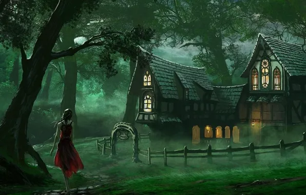 Forest, pose, Girl, dress, house