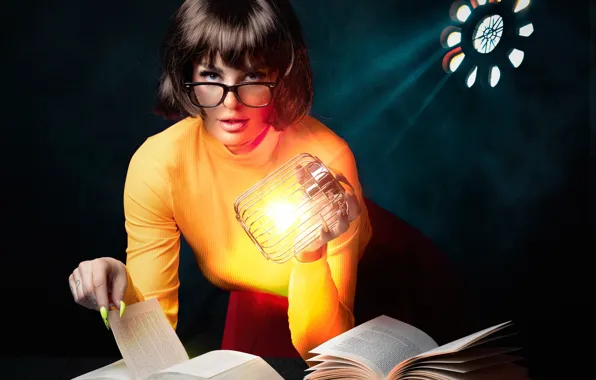 Picture look, girl, books, lamp, glasses, manicure