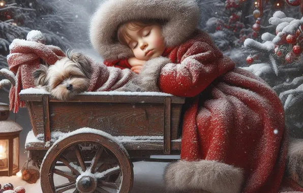 Winter, forest, balls, snow, fog, red, sleep, dog