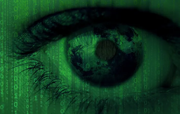 Matrix, eye, binary code, artificial intelligence
