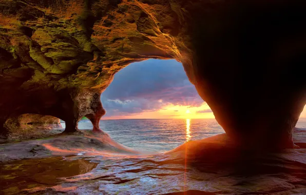 USA, landscape, nature, sunset, lake, sun, horizon, cave