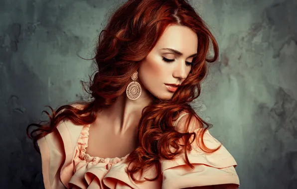Girl, pose, hair, portrait, dress, red, beautiful, curls