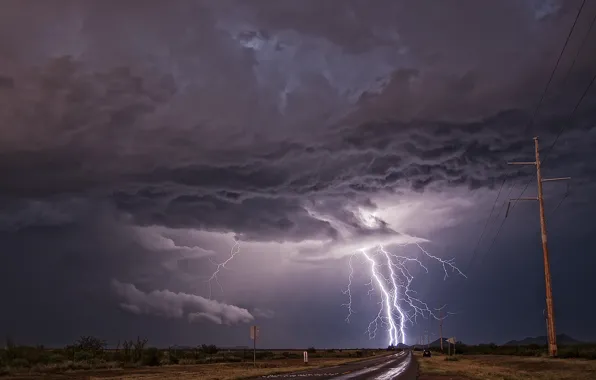 Picture road, field, clouds, hills, lightning, storm