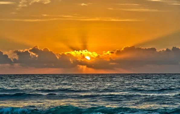 Sea, the sky, the sun, clouds, rays, sunset, horizon