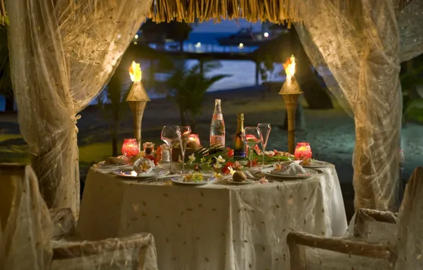 Picture sea, palm trees, shore, furniture, dishes, torches, tent