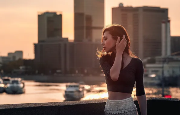 The sun, landscape, the city, river, model, hand, skirt, portrait