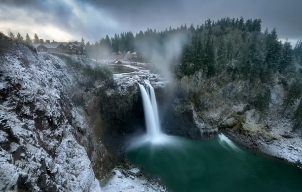 Winter, waterfall, Washington, Snoqualmie Falls