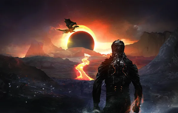 Mountains, rocks, people, lava, Eclipse, armor, armor