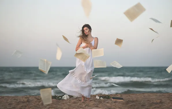 Girl, the wind, shore, dress, book, page, Ana Valenciano