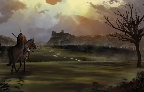 Landscape, river, castle, horse, art, male, rider, arrows
