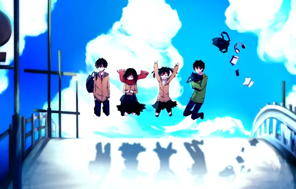 The sky, clouds, girls, jump, anime, scarf, art, form