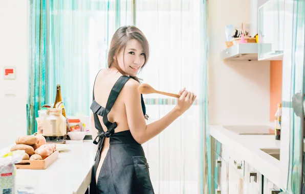 Picture girl, smile, kitchen