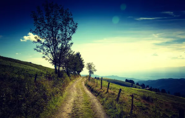 Road, field, the sky, trees, mountains, house, the way, the fence
