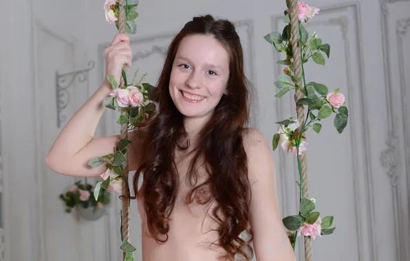 Girl, sexy, erect nipples, long hair, brown eyes, nipples, boobs, smile