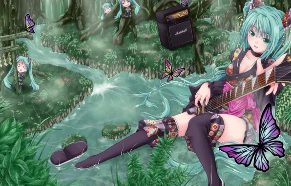 Forest, butterfly, stream, guitar, Chibi, Vocaloid