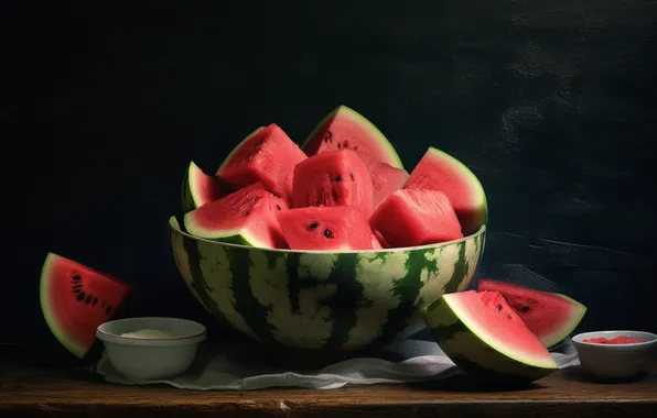 Summer, light, table, Board, towel, watermelon, black background, still life