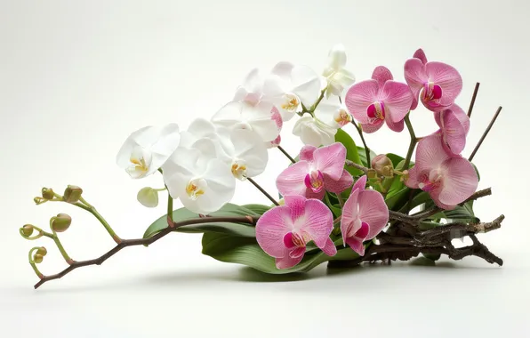 Leaves, flowers, branches, white background, pink, white, orchids, Orchid