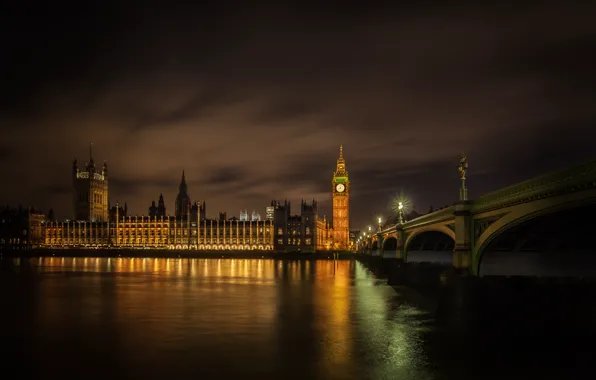 Night, bridge, lights, London, Thames, Westminster