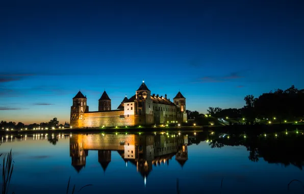 The sky, sunset, night, lights, river, Belarus, Mir castle, Belarus