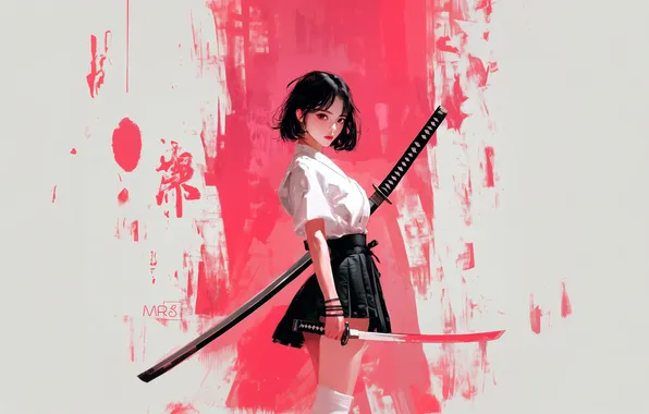 Girl, sword, fantasy, minimalism, katana, brunette, samurai, asian