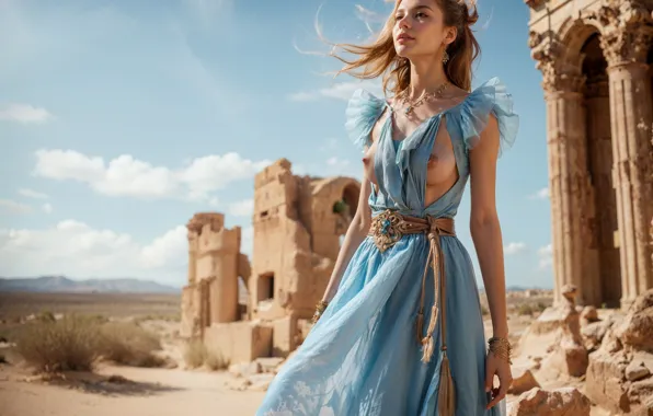 Chest, girl, dress, ruins, Nikita Kovalev, neural network