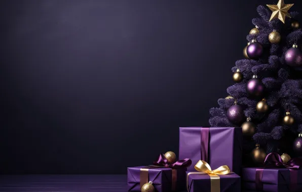 Balls, the dark background, Christmas, purple, gifts, New year, tree, bows