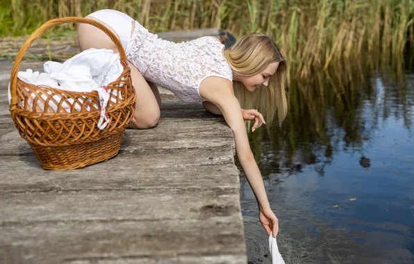 Long hair, lake, model, Sophie, gorgeous, photoshoot, posing, dock