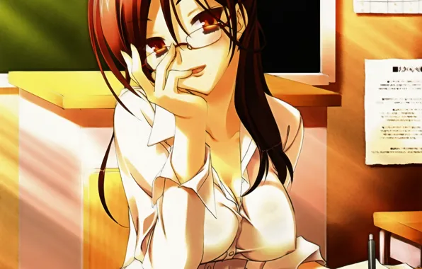 Table, glasses, blouse, class, Board, the teacher, sitting, flirting
